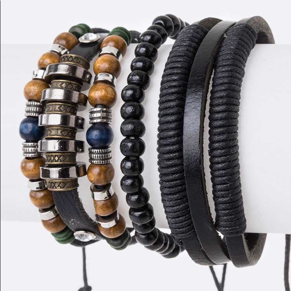 Black Genuine Leather Beads Stacking Bracelet Set